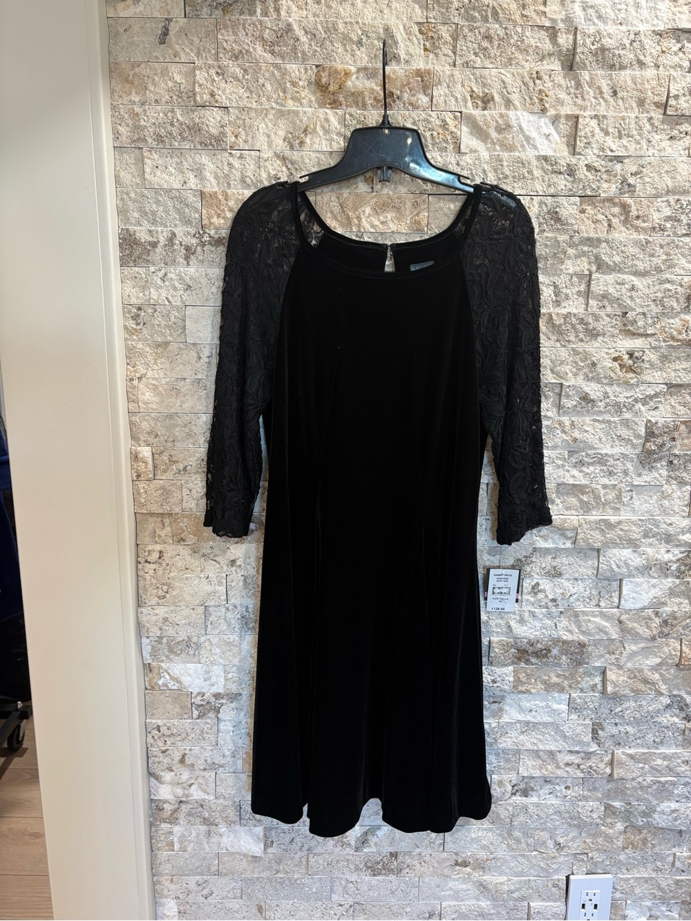 Gabby Skye Black Velvet Midi Dress with Lace Sleeves 10